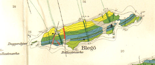 Geologisk kart over Bleikøya. Tegnet av W. C. Brøgger i 1884.