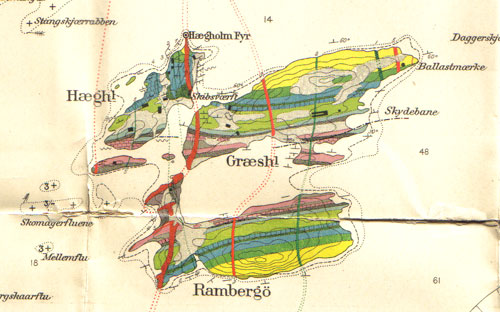 Geologisk kart over Heggholmen, Gressholmen og Ramberget. Tegnet av W. C. Brøgger i 1884.