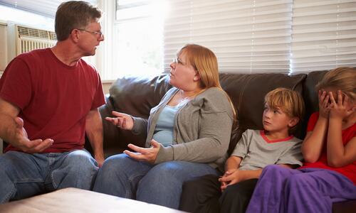 Family Sitting On Sofa With Parents Arguing