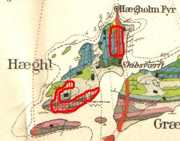 Geologisk kart over Heggholmen og Gressholmen. Tegnet av W. C. Brøgger i 1884.