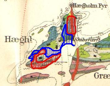 Geologisk kart over Heggholmen og Gressholmen. Tegnet av W. C. Brøgger i 1884