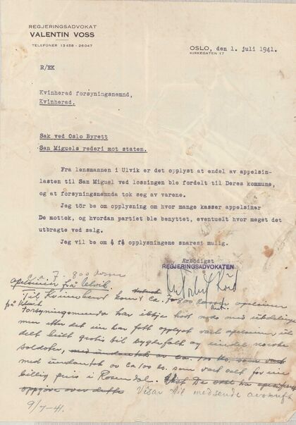 Brev i appelsinsaka, 1941