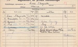 Eksempel på eit registerkort frå husstandsregistreringa, 1939. Her kan vi til dømes få vite at hushjelpa har flytta heim til Fana hausten 1940.