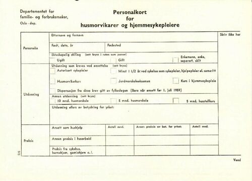 Ved tiltredinga måtte husmorvikaren fylle ut eit personalkort. Dette eksemplaret er funne i saksarkivet etter Fusa formannskap (1966-1969)