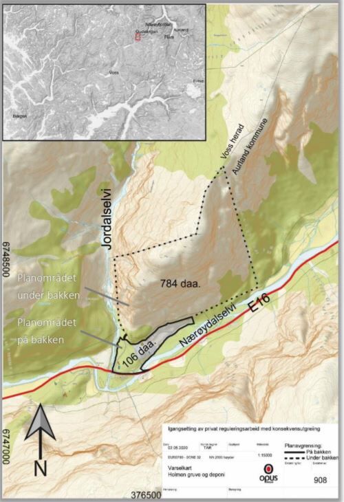 Bildet viser det samla planområdet for Holmen gruve og deponi