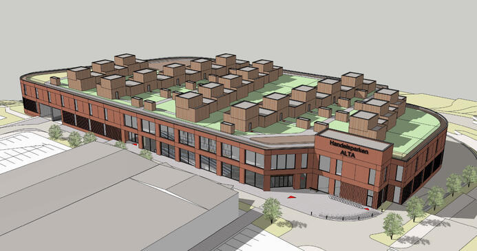Perspektiv av planlagt bebyggelse, illustrasjon av Arc Arkitekter as Perspektiv av planlagt bebyggelse