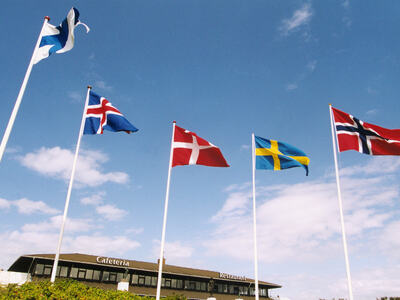 Flagg fra de nordiske landene vaier i vinden. Illustrasjonsbilde.