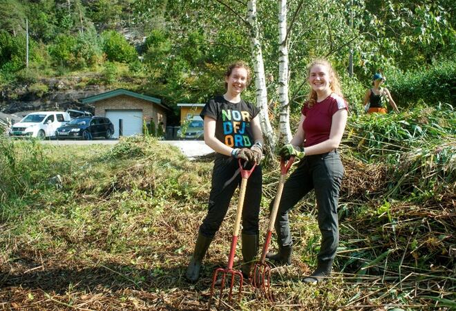 Bilde viser representanter (Anna Thylén (forran fra venstre), Mari Vold Hansen, og Rebekka Sundøy Haldorsen (bakerst)) fra Naturvernforbundet i Ås, som har ansvar for fjerning av fremmede arter i verneområdet i Kjøyabukta