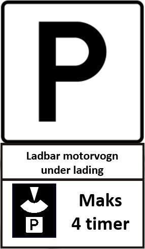 Skilt for parkering ved ladestasjon, svart skrift på hvit bakgrunn. P,