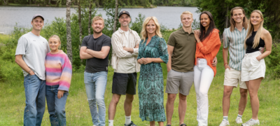 Benjamin Marthinsen og Eli Rebekka Haugen, Petter Nohr og Herman Winger Ramm, programleder Cathrine Fossum, Håvard Skille Midtgård og Leona Halset Williams, og Patrick Gjertsen Hernæs og Heidi Stangjordet. Foto: TV 2/Per Christian Lind.