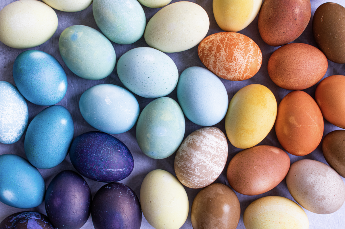 Påsken er tid for eggdekor. Den eldste måten å dekorere egg på er å la eggeskallet trekke farge i et fargebad. Du koker ut fargen fra et plantestoff og legger ganske enkelt egget ned i vannet. Foto: Matprat