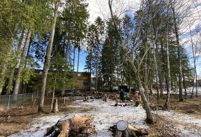 Uteområdet ved Sagalund barnehage med barn som har lunsj mellom de høye trærne