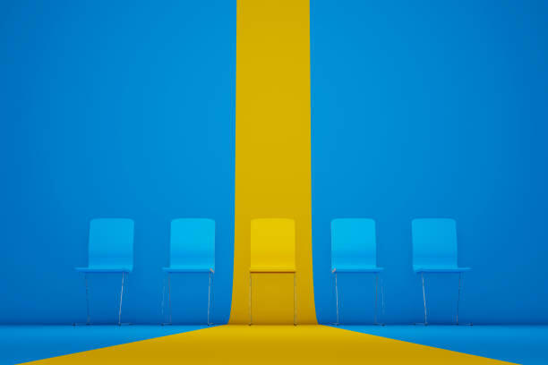 Outstanding chair in row. Yellow chair standing out from the crowd. Human resource management and recruitment business concept. 3d illustration