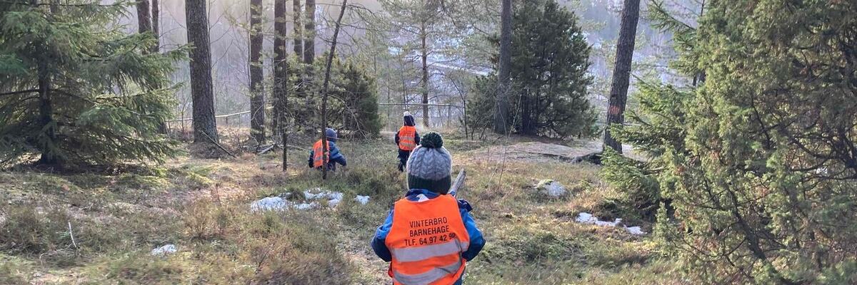 Tre barn med oransje vest går inn i skogen