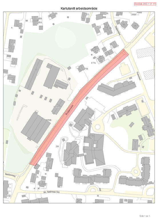 Kartutsnitt med området i Brekkeveien merket i rødt