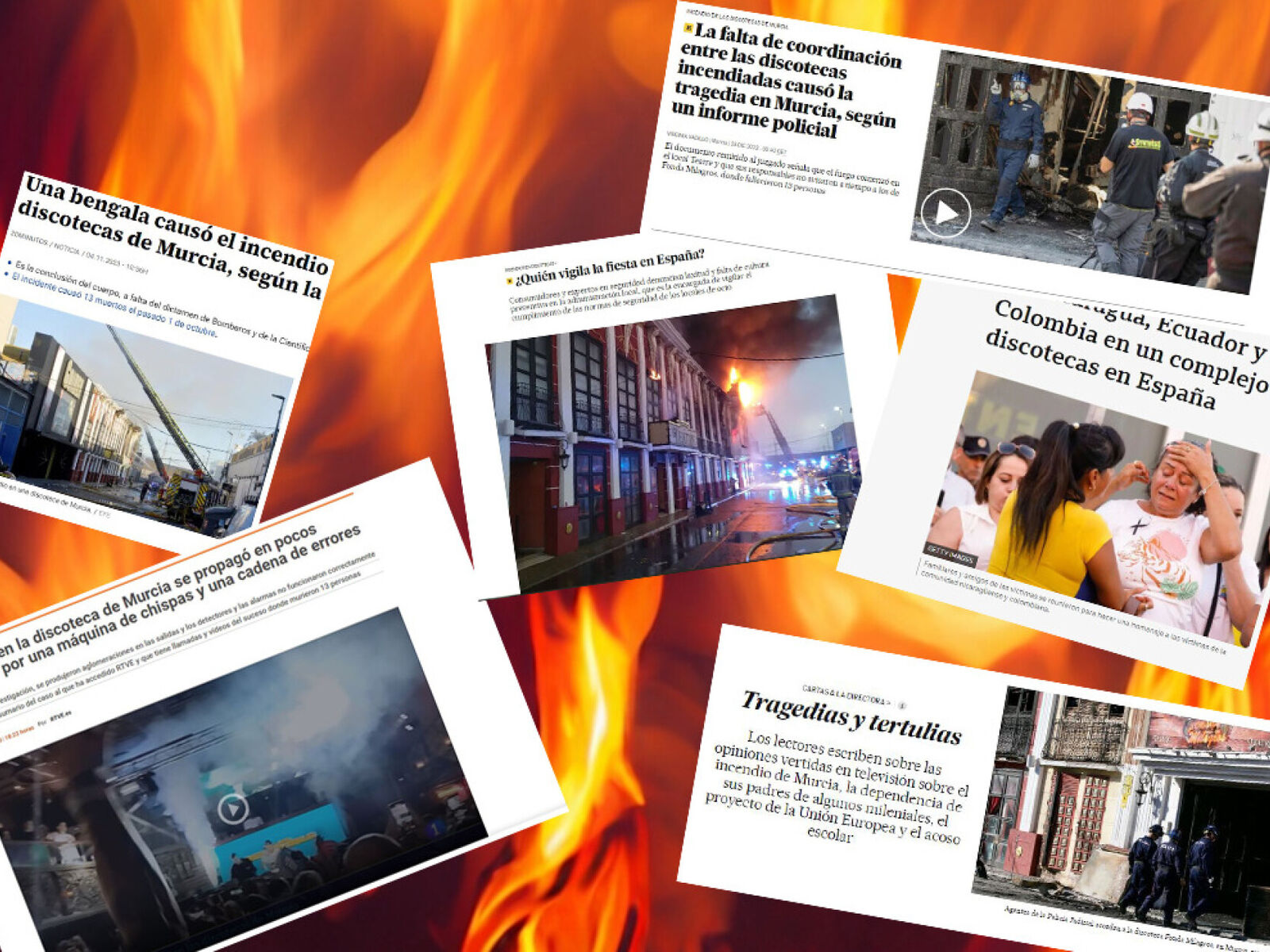 Faksimiler fra ulike spanske aviser som omtalte de tragiske brannene på to diskotek i Murcia i oktober 2023. Illustrasjon: avisutklipp fra El país, BBC og RTVE, samt Adobe Express.