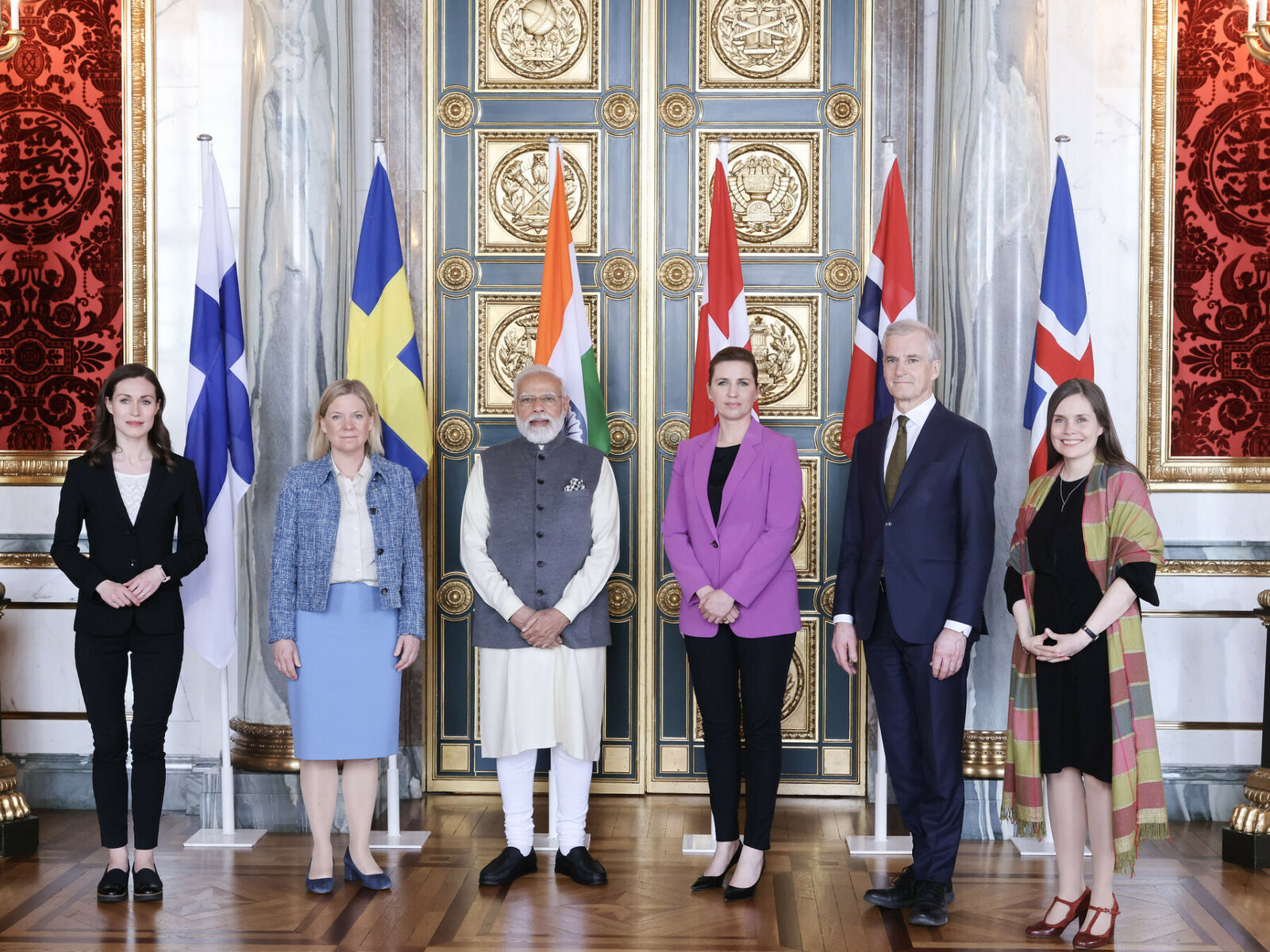 Indias statsminister Narendra ModiMarin (nummer tre fra venstre) i København 4. mai 2022. På bildet er Danmarks statsminister Mette Frederiksen (til venstre) og Finlands statsminister Sanna Marin (til høyre), og Norges statsminister Jonas Gahr Støre (nummer to fra høyre). Foto: Statsministeriet/Flickr