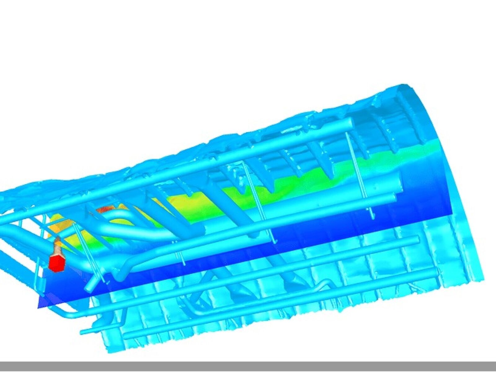 NIST-forskere brukte Fire Dynamics Simulator (FDS) for å modellere temperaturene på røyken som beveget seg gjennom passasjerflyets overliggende rom. En 3D-gjengivelse av FDS-utgang viser røyk som stiger fra en gassbrenner plassert foran i flyet. Fargene indikerer temperaturer fra varm (rød) til kald (blå). Foto: NIST