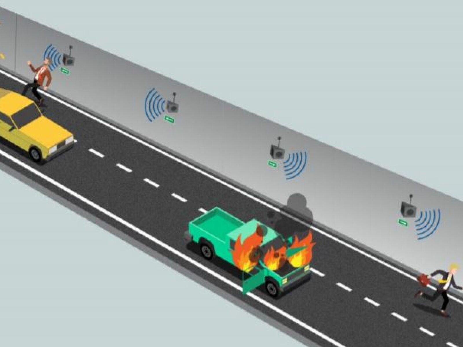 VTS styrer Evacsound utfra hvilken retning bilistene skal evakuere ut av tunnelen. Illustrasjon: Trafsys AS