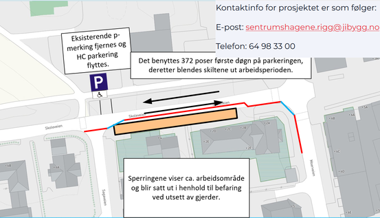 Kart som viser stengt parkering utenfor Ås rådhus