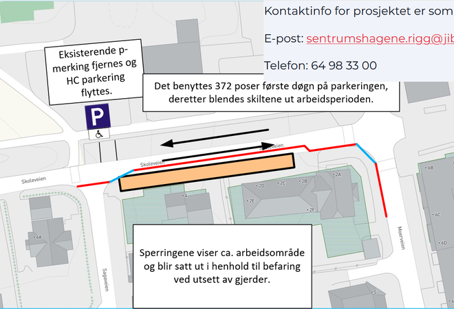 Kart som viser stengt parkering utenfor Ås rådhus