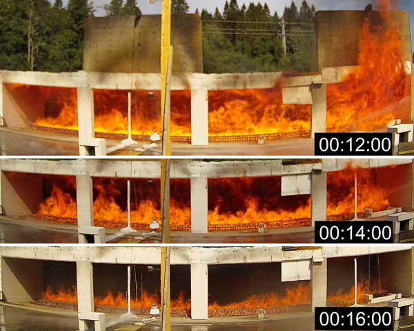 Flammene på massivtreet sloknet av seg selv etter ca. 16 minutter. Tid: hh:mm:ss etter brannstart. Foto: FRIC/NTNU