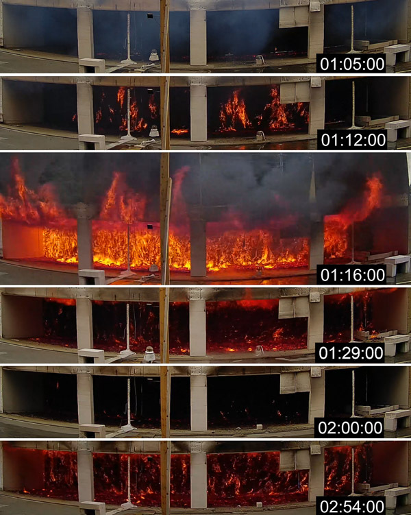 En ny overtenning oppstod lenge etter at brannen fremstod sloknet. Tid: hh:mm:ss etter brannstart. Foto: FRIC/NTNU
