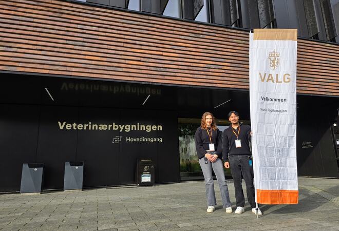 To valgmedarbeidere utenfor inngangen til Veterinærbygget