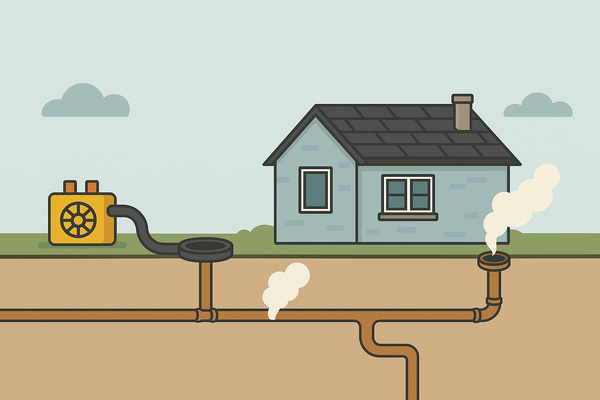 Illustrasjon som viser hvordan man sender røyk inn i avløpsrøret