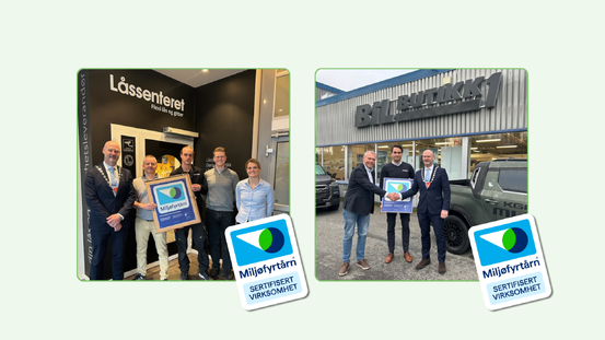 Illustrasjon med de to bedriftene og logo for Miljøfyrtårn