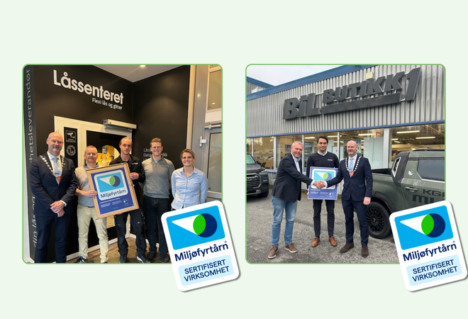 Illustrasjon med de to bedriftene og logo for Miljøfyrtårn