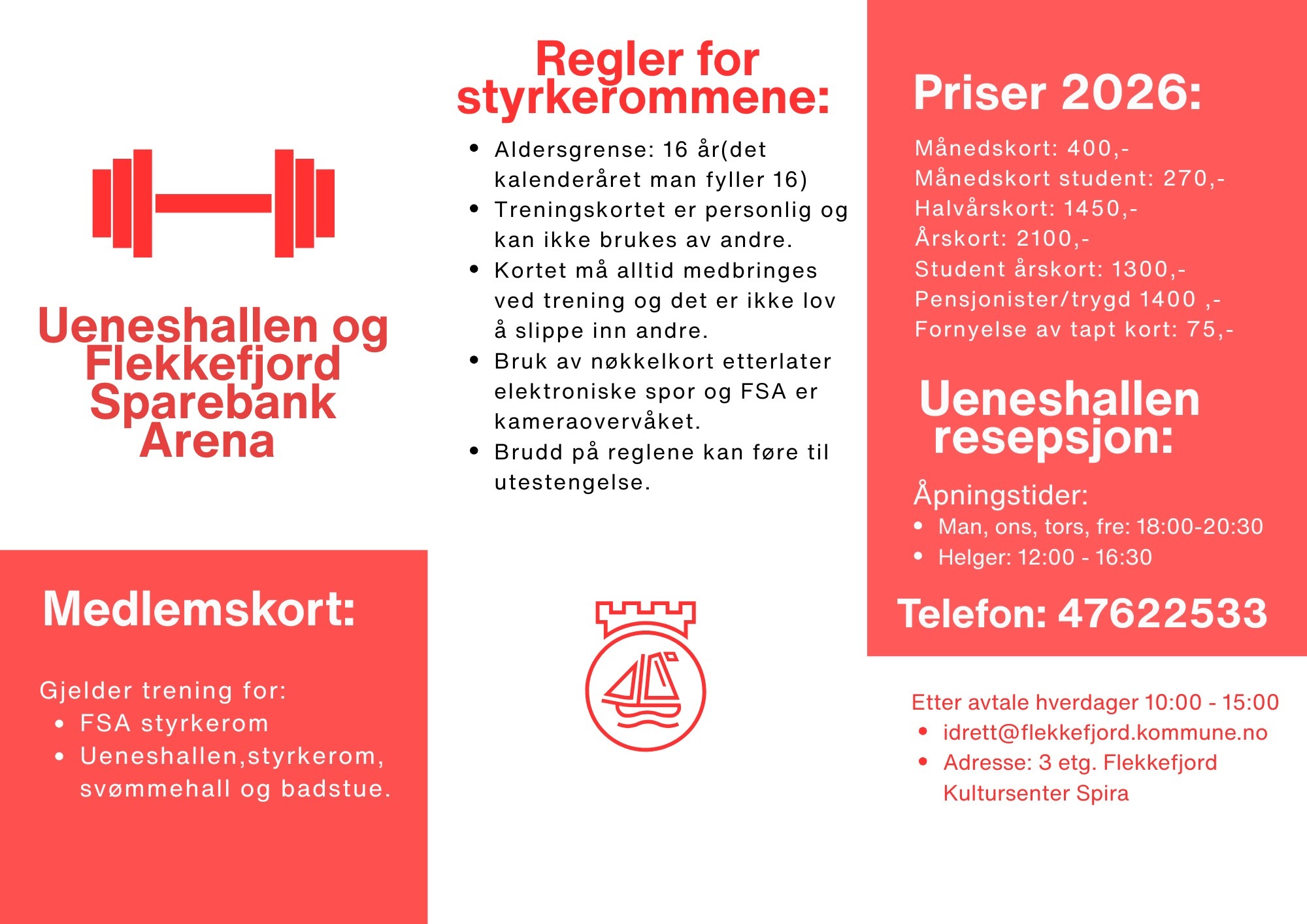 Info medlemsskap i styrkerom Ueneshallen og FSA