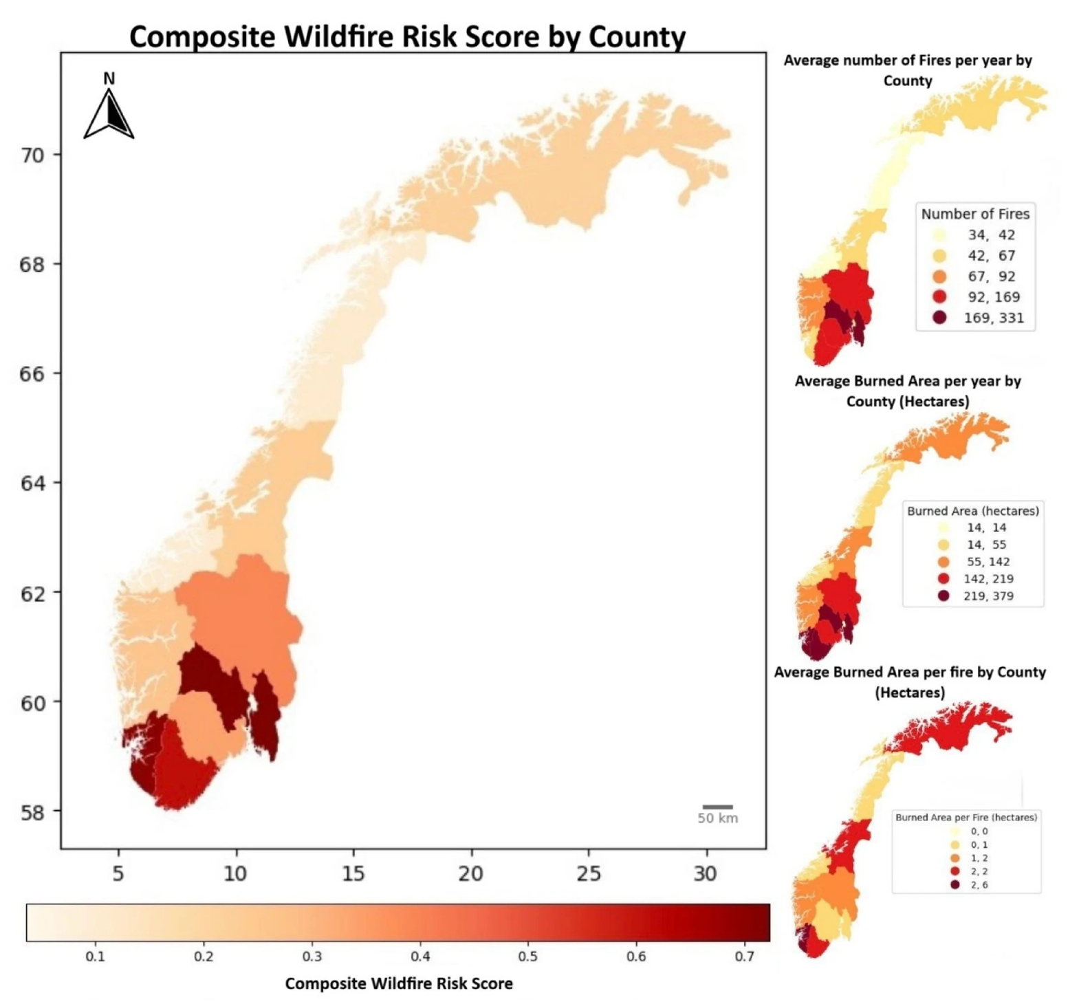 Figure 2 - Composite wildfire risk by county in Norway